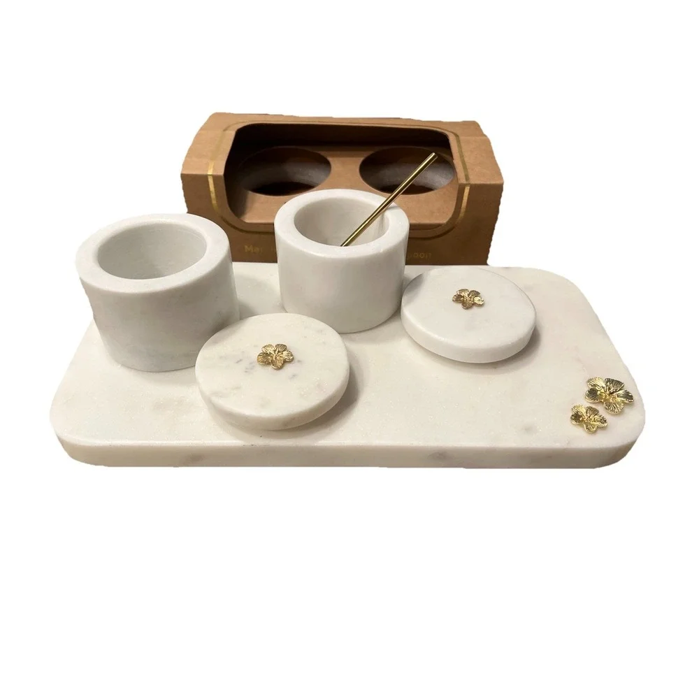 White Marble Salt And Pepper Cellar Set With Marble Base And Gold Spoon And Acce